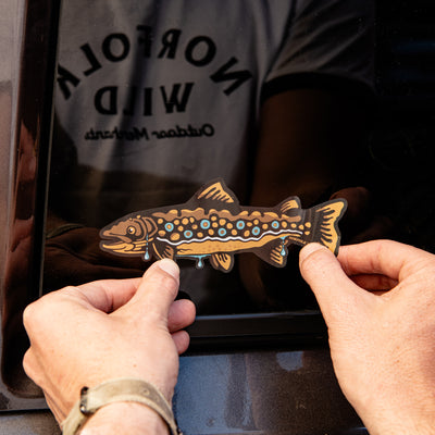 A person's hands holding a die-cut sticker of a brown trout with blue and orange spots, being applied to a dark tinted car window on jeep wrangler.
