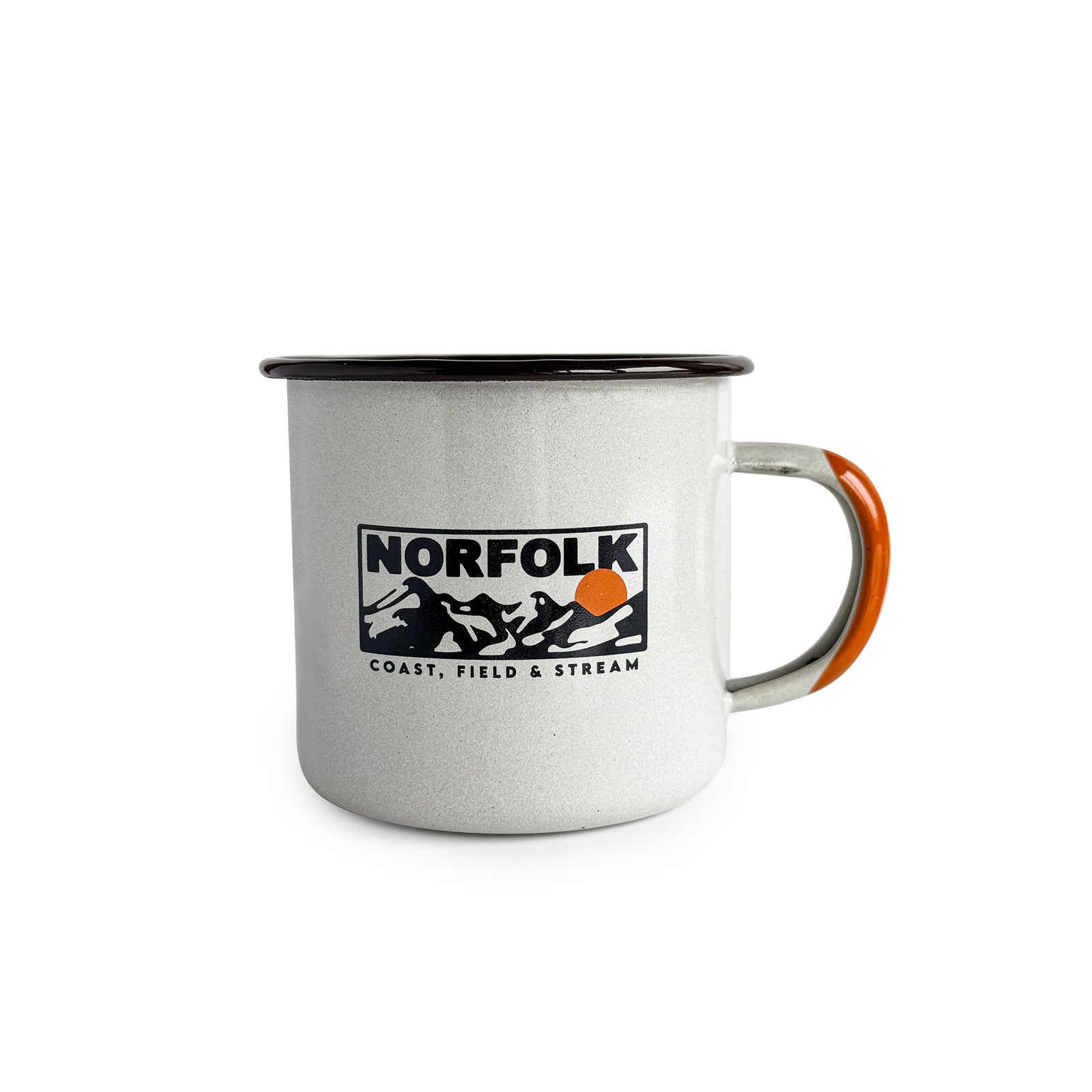 Enamel camping mug in white on white background