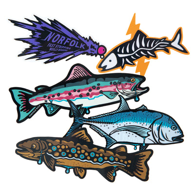 A set of four illustrated fish and fishing-themed graphics on a plain white background. The designs include a purple lure labeled 'NORFOLK FLAT STRIPPER WILMINGTON', a black-and-white fish skeleton with an orange lightning bolt, a multicolored striped fish, and a blue fish, all drawn in a bold graphic style.
