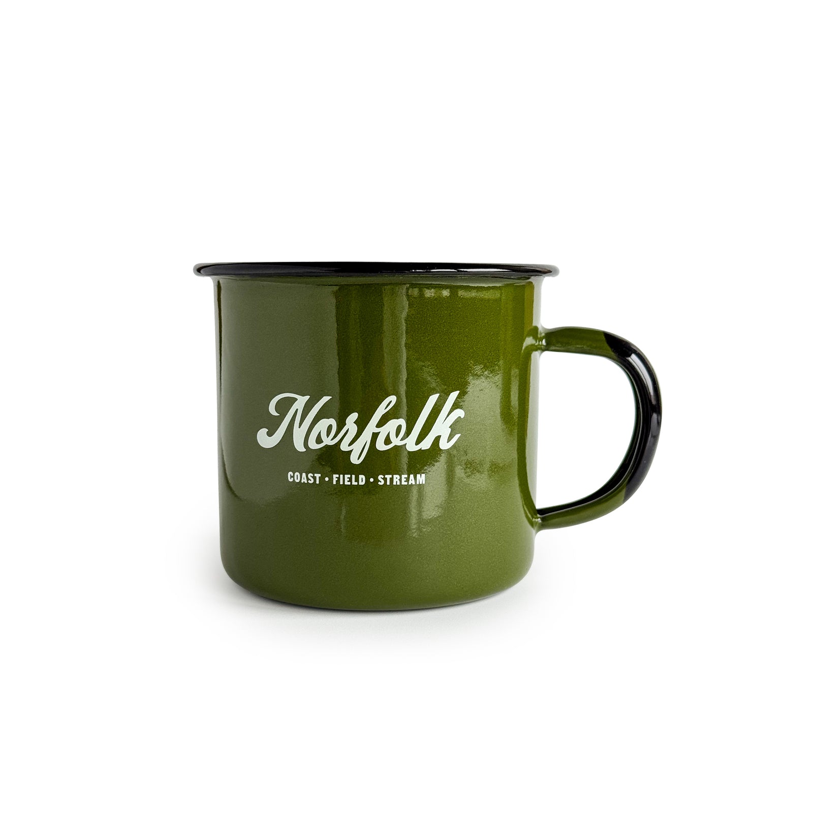 Green steel camping mug for outdoor on white background