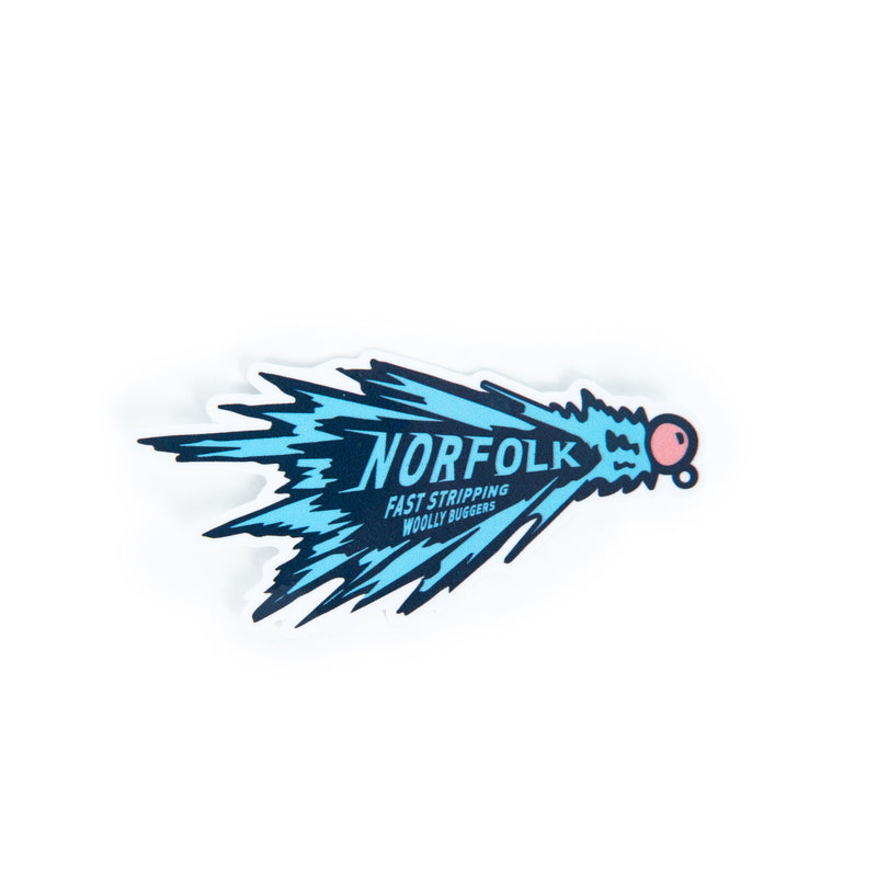 Norfolk Wild orange Woolly Bugger die-cut vinyl sticker on a white background