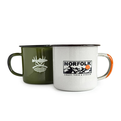 Two Norfolk Wild enamel camping mugs, green and white, on white background