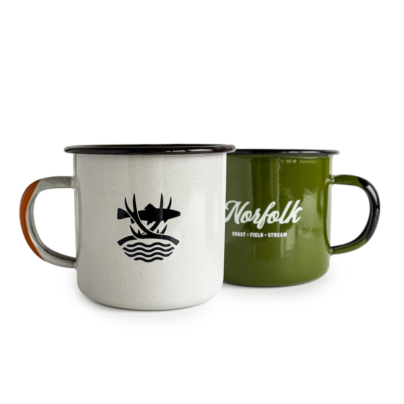 Two Norfolk Wild enamel camping mugs, green and white, on white background
