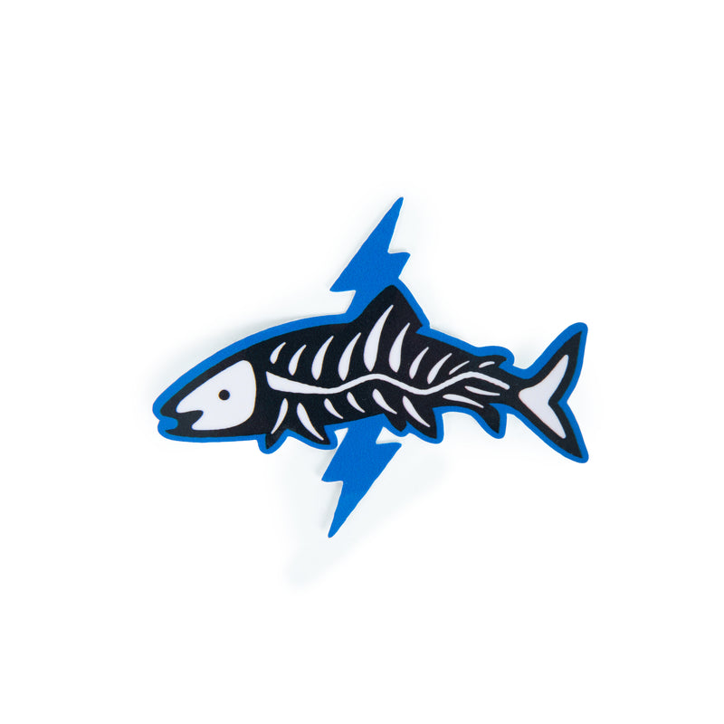 Norfolk Wild Lightning Strikes sticker with orange fish skeleton and lightning bolt artwork on a white background.