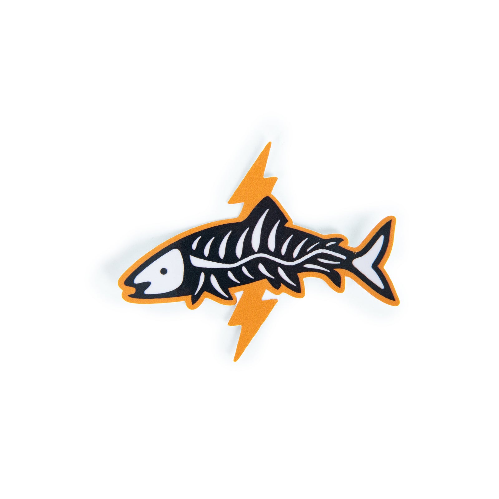 Norfolk Wild Lightning Strikes sticker with orange fish skeleton and lightning bolt artwork on a white background.