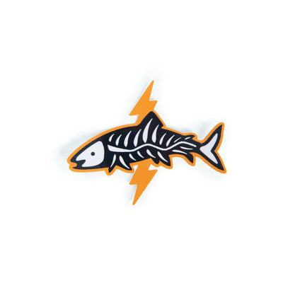 Norfolk Wild Lightning Strikes sticker with orange fish skeleton and lightning bolt artwork on a white background.