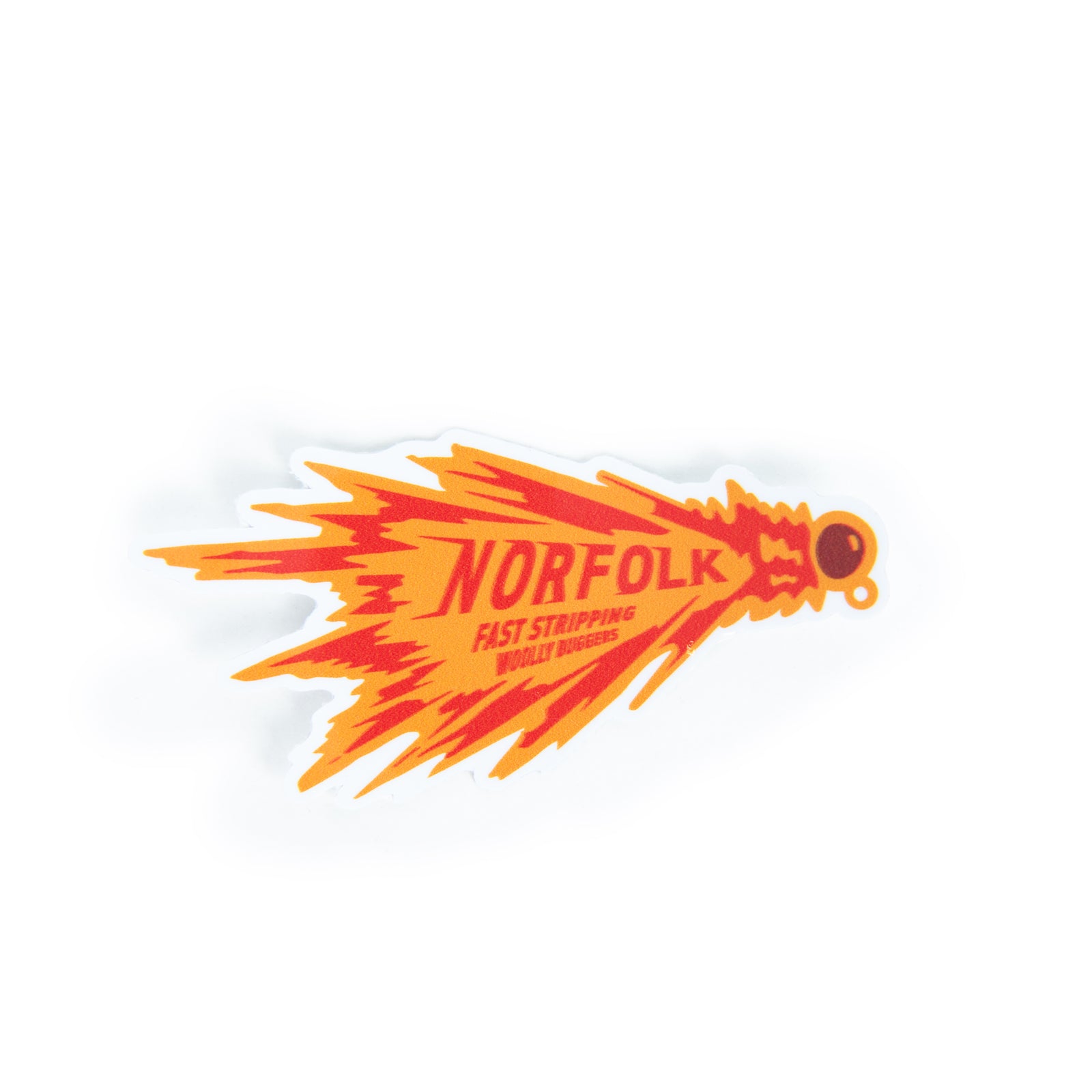 Norfolk Wild orange Woolly Bugger die-cut vinyl sticker on a white background