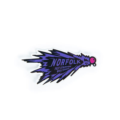 Norfolk Wild purple Woolly Bugger die-cut vinyl sticker on a white background